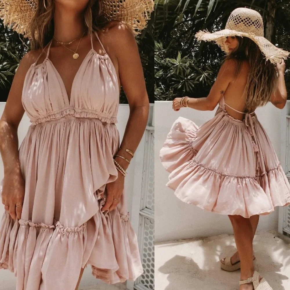 Mini flowy summer halter mauve pink mini summer dress backless